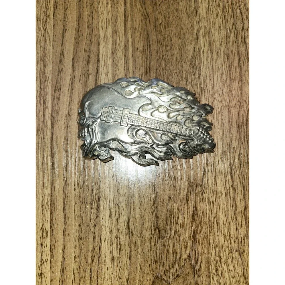Skull Guitar Flame Belt Buckle 4 3/8